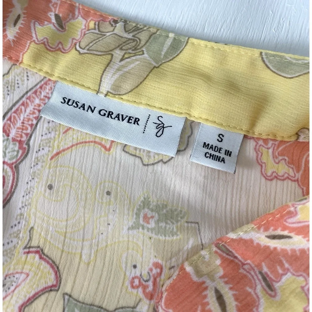 Susan Graver Blouse Popover V-neck Top Size S Yellow Colorful Semi Sheer Floral - Picture 2 of 14